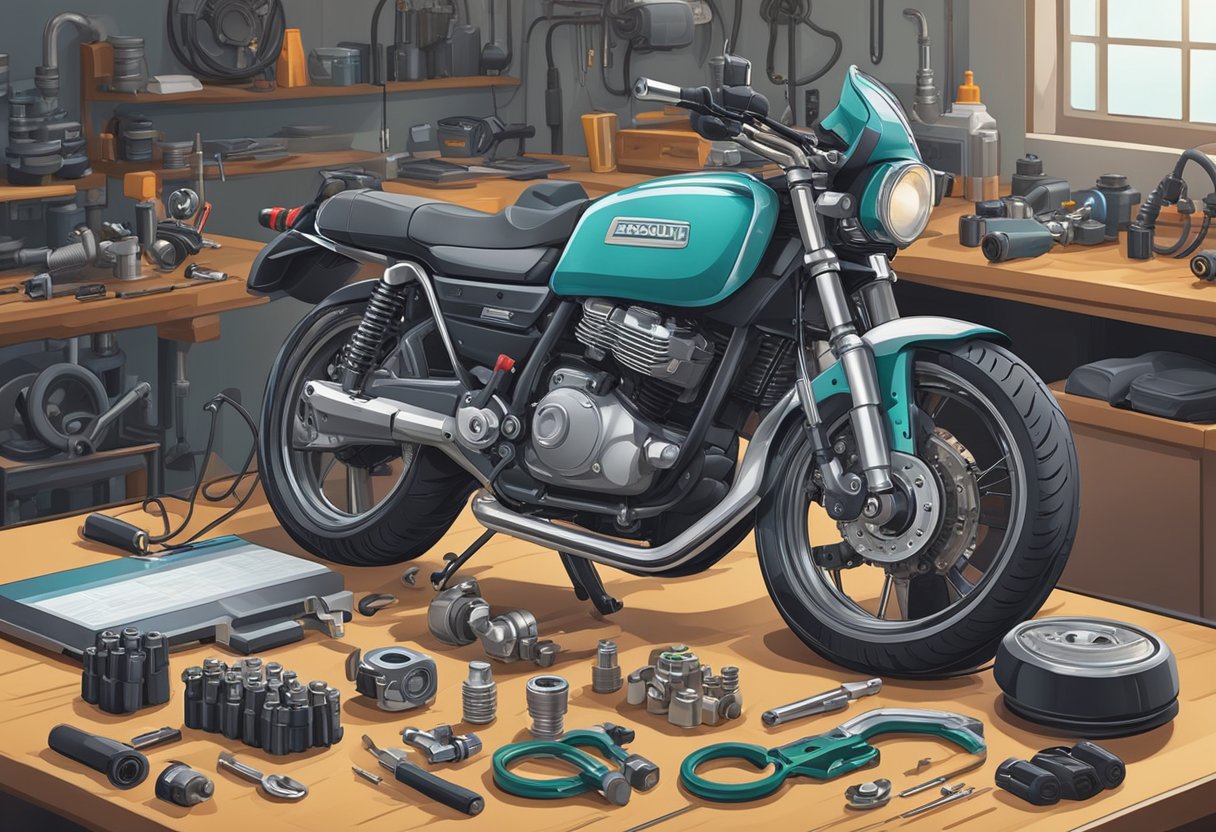 A mechanic examines a motorcycle's manifold absolute pressure sensor with a diagnostic tool, surrounded by various tools and parts on a workbench