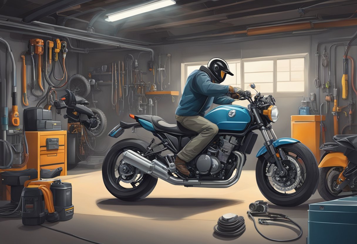 A motorcycle parked in a garage with the hood open, revealing the engine and a mechanic holding a diagnostic tool, examining the manifold absolute pressure sensor