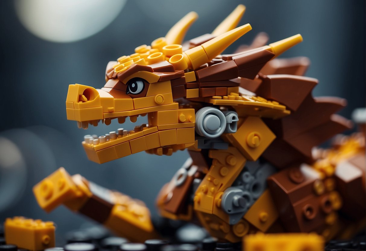 A dragon being constructed with LEGO bricks