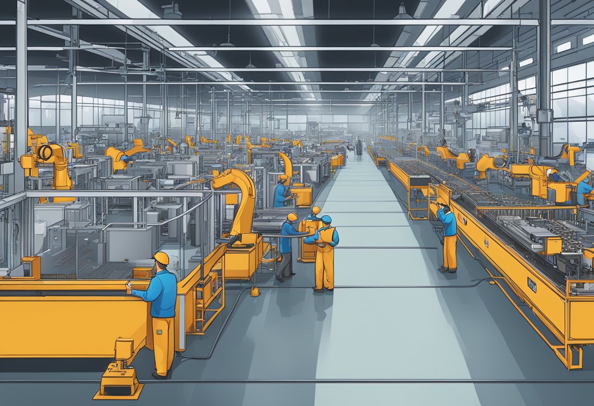 A bustling factory floor with OBD II manufacturing equipment in operation. Workers oversee production while machinery hums and sparks fly. Quality control checks are conducted at various stages of the assembly line