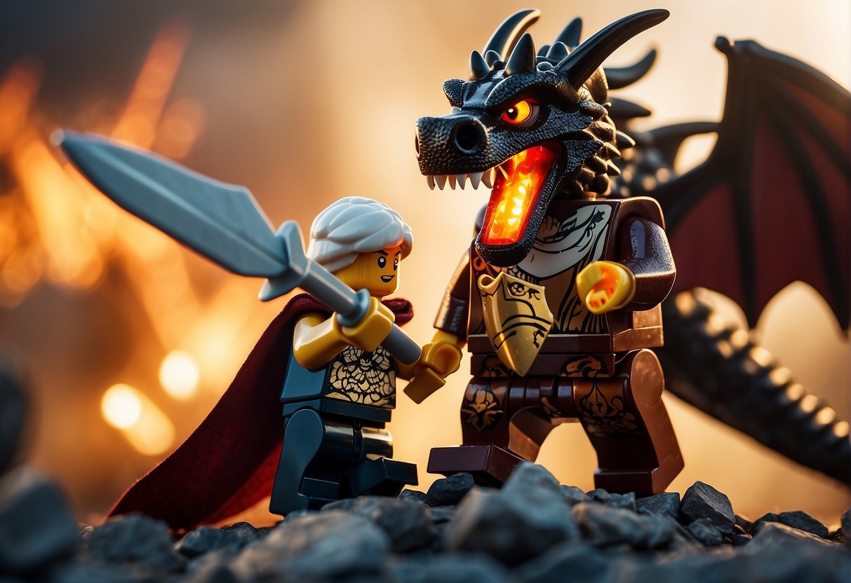 A fierce Lego dragon swoops down, breathing fire, while a brave warrior defends their village with a shield and sword
