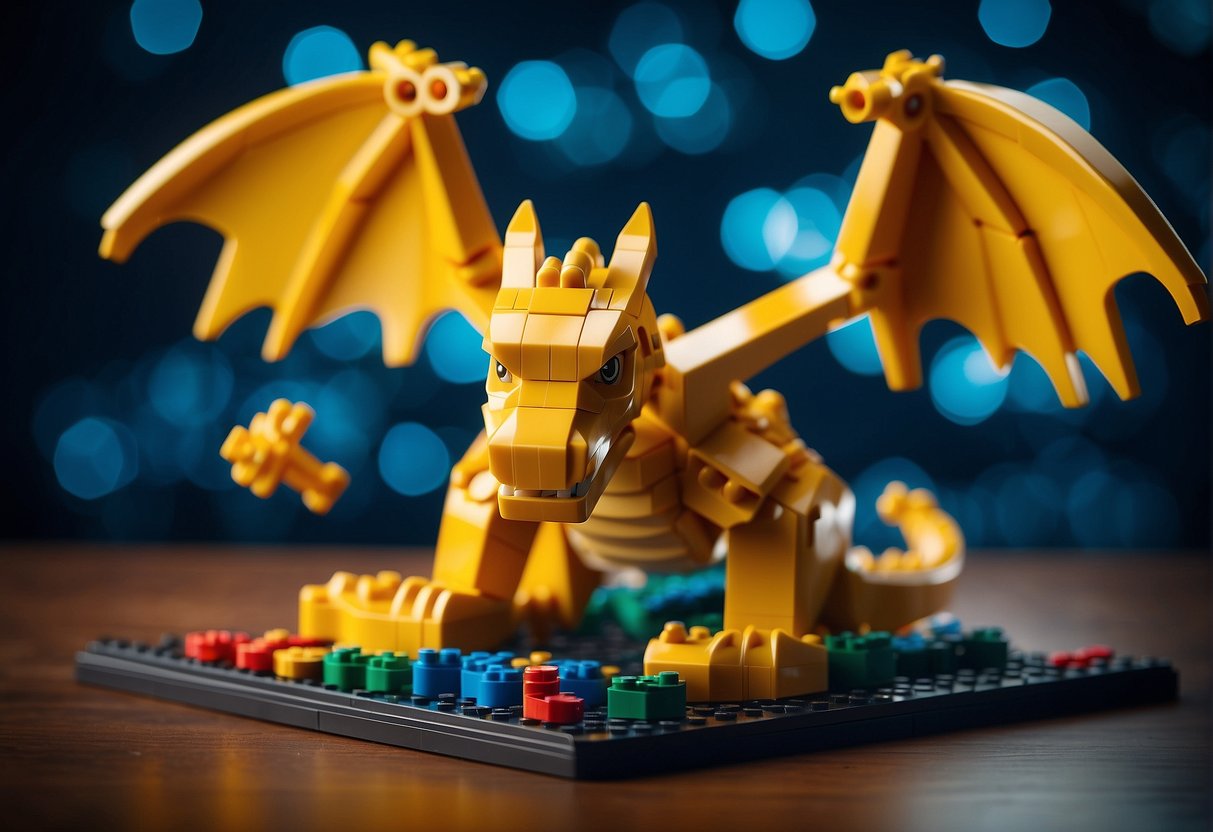 A dragon made of LEGO pieces surrounded by question marks and a training manual