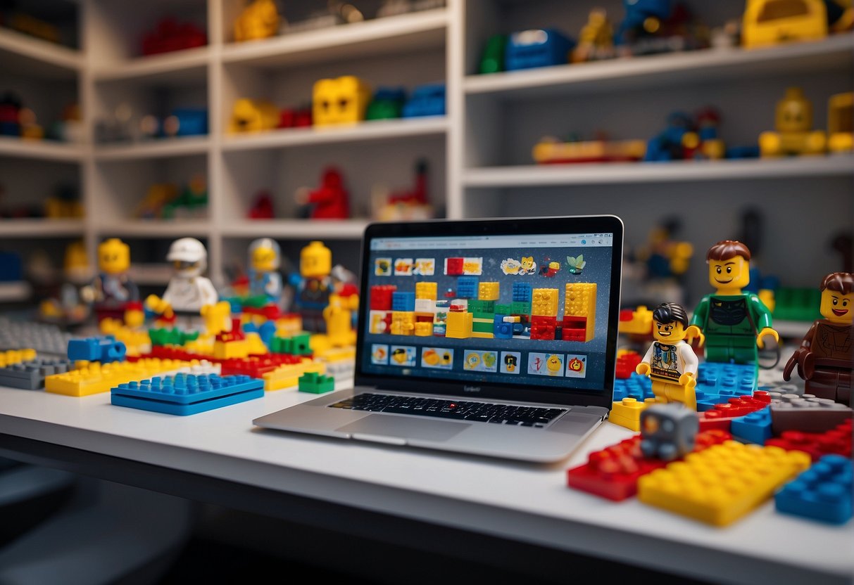 A colorful display of Lego sets, with a variety of themes and sizes, arranged neatly on a shelf. A laptop open to an affiliate program page, with a happy smiley face on the screen