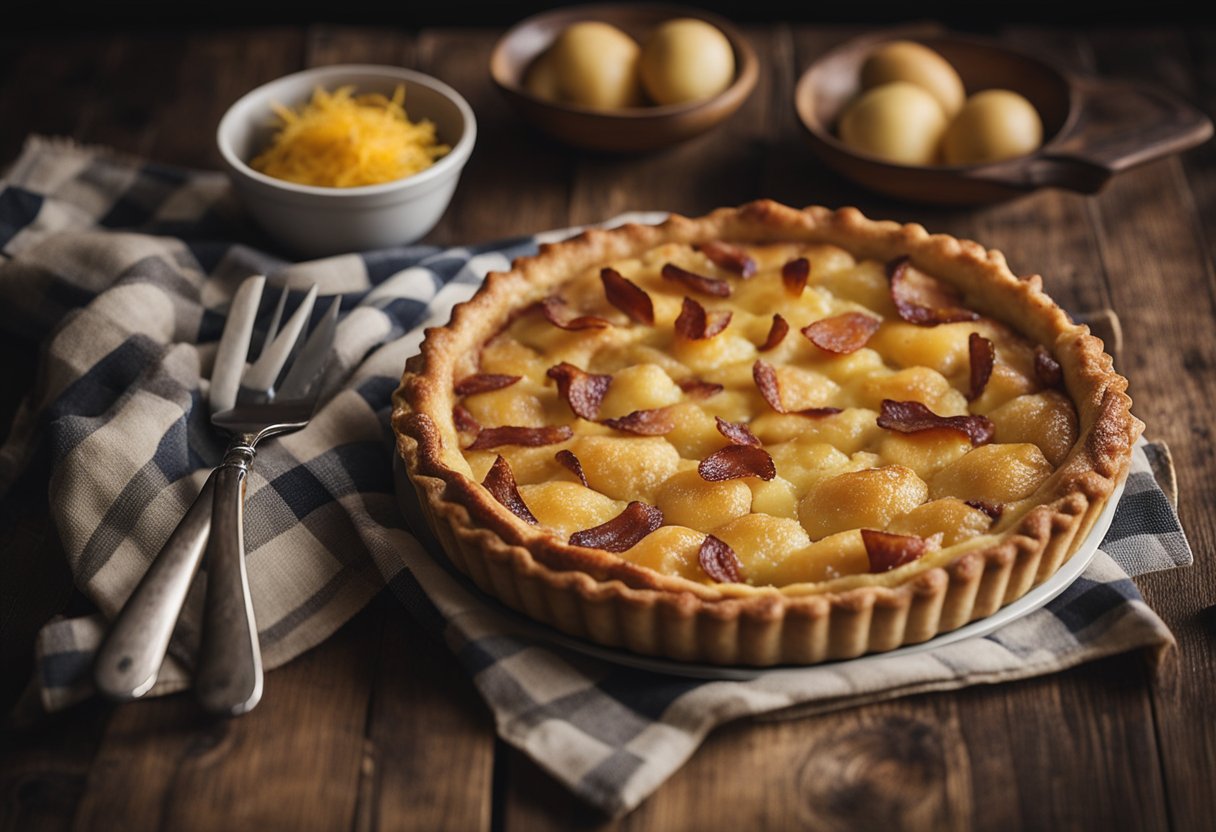 A rustic French tart with potatoes, bacon, and cheese, set on a wooden table with a checkered cloth and vintage utensils
