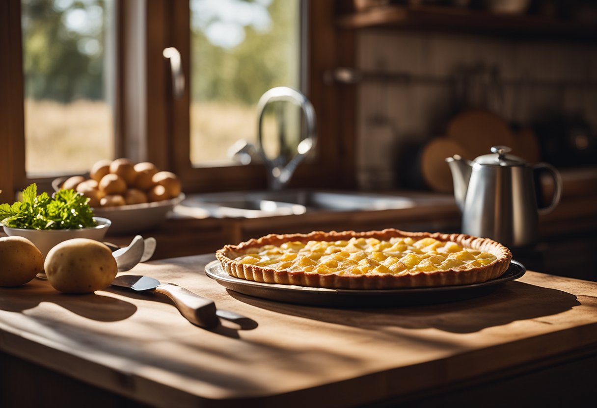 A rustic kitchen table with a freshly baked Tarte au Mariolle, potatoes, and lardons on a wooden cutting board. Sunlight streams through a window, casting shadows on the scene