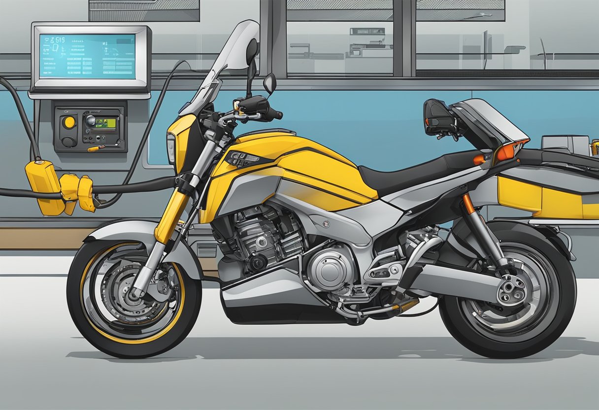 A motorcycle with a diagnostic tool connected to the engine, displaying error code P0170: Fuel Trim Malfunction (Bank 1)