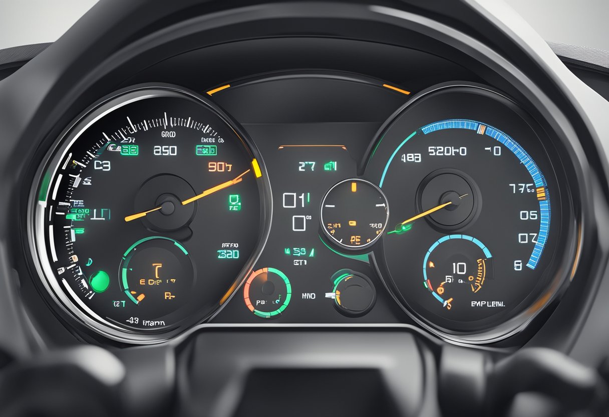 A motorcycle with error code P0170 displayed on the dashboard, with a focus on the fuel trim malfunction indicator