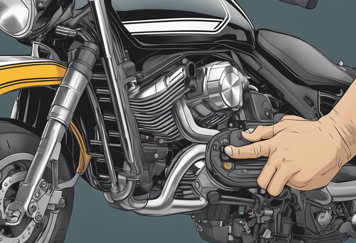 A mechanic connects a diagnostic tool to a motorcycle's fuel rail, indicating a P0190 error code for a sensor circuit malfunction