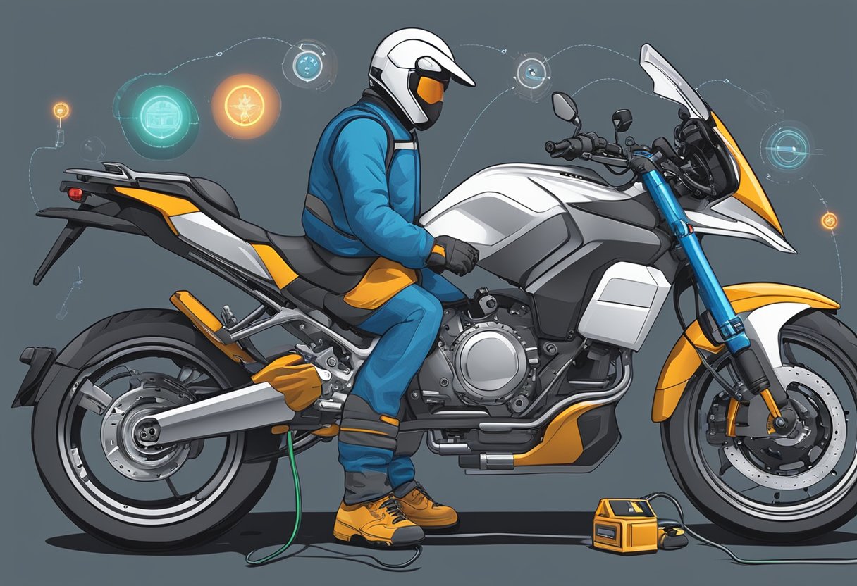 A motorcycle with diagnostic tools connected, displaying error code P0190.

Mechanic examining fuel rail and sensor connections for malfunction