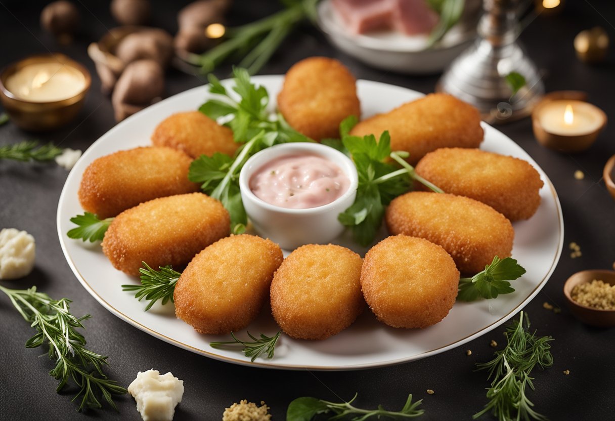 A plate of croquettes with ham and cheese, crispy and golden brown, served on a white platter with a garnish of fresh herbs