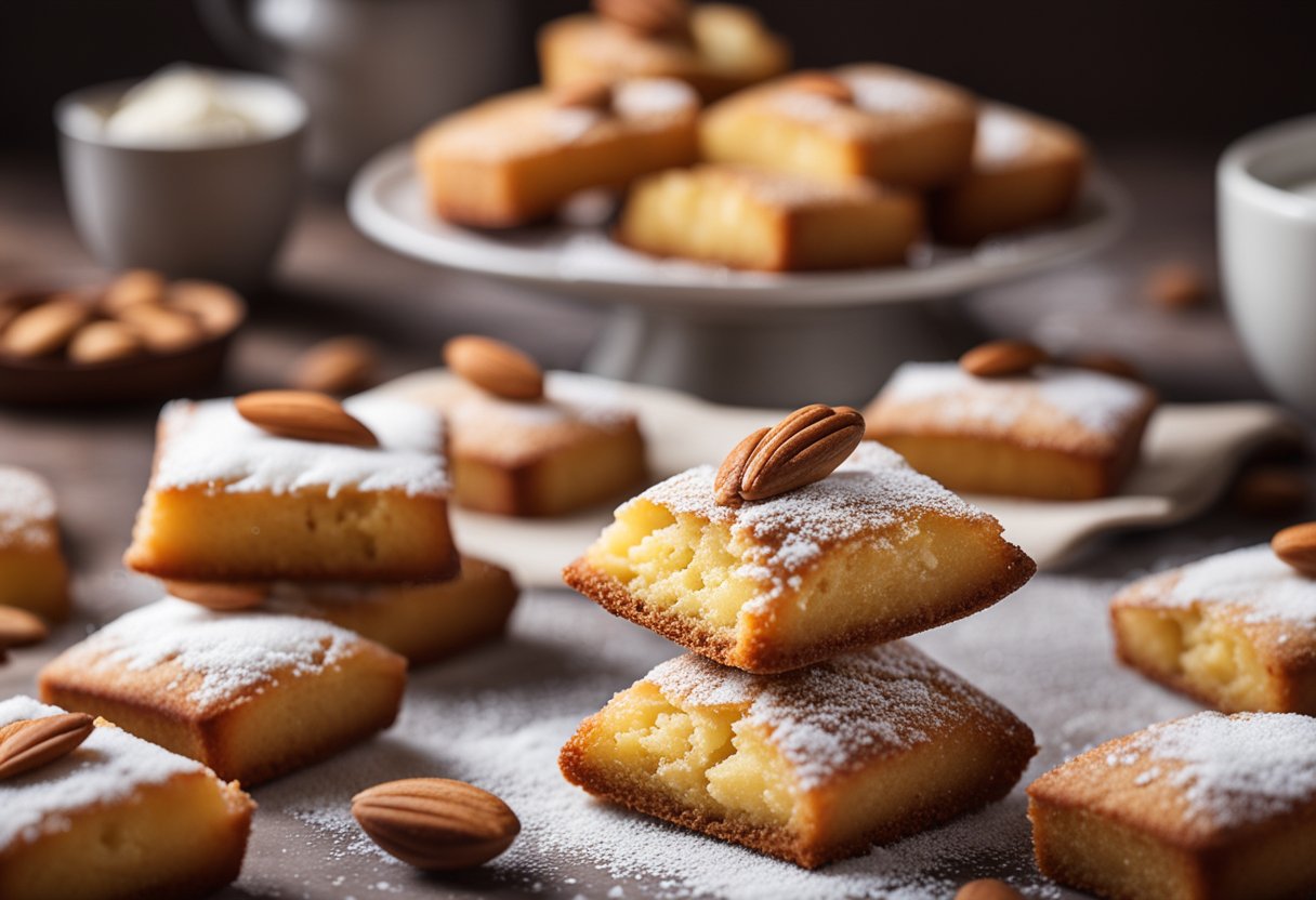 A table filled with golden-brown almond financiers, scattered with powdered sugar and sliced almonds