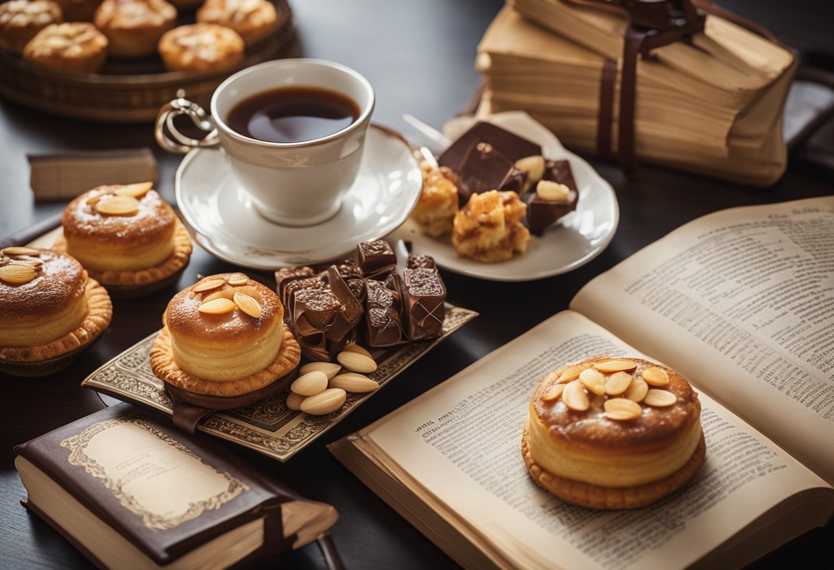 A table set with a variety of almond-based pastries and a stack of financial documents, surrounded by historical books and ornate financial symbols