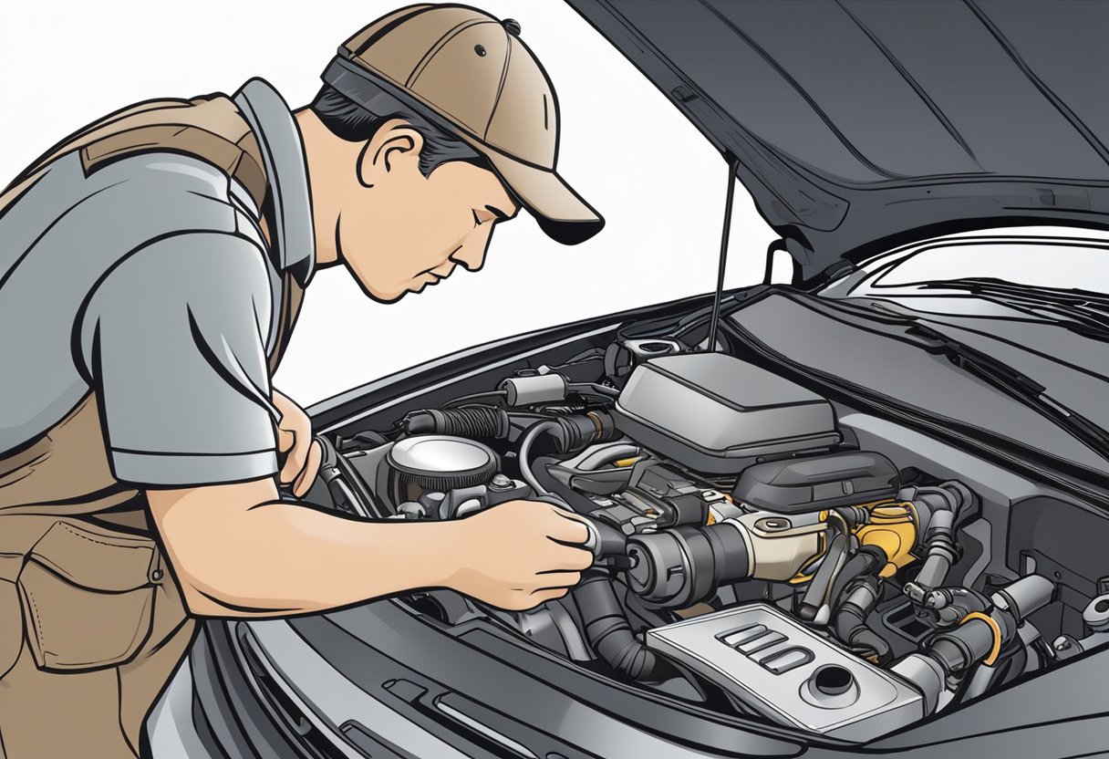 A mechanic examines a car's engine with a diagnostic tool displaying "Error Code P0422: Main Catalyst Efficiency Below Threshold (Bank 1)" on a screen