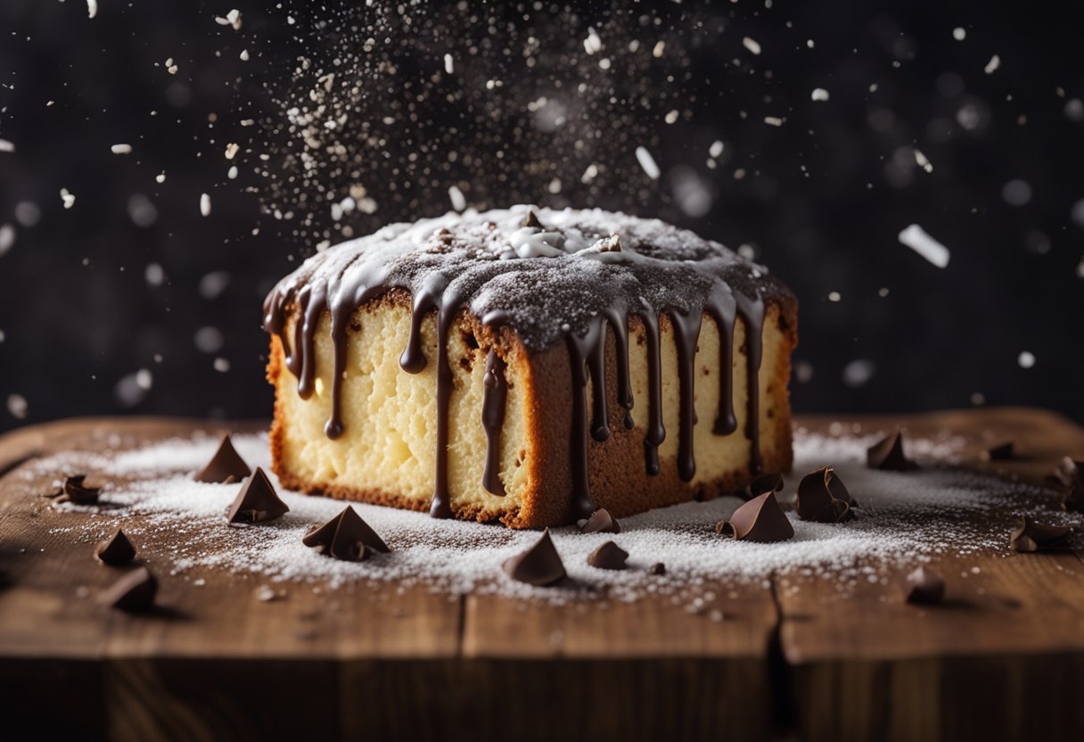 A marble cake sits on a rustic wooden table, adorned with swirls of chocolate and vanilla, surrounded by scattered crumbs and a dusting of powdered sugar