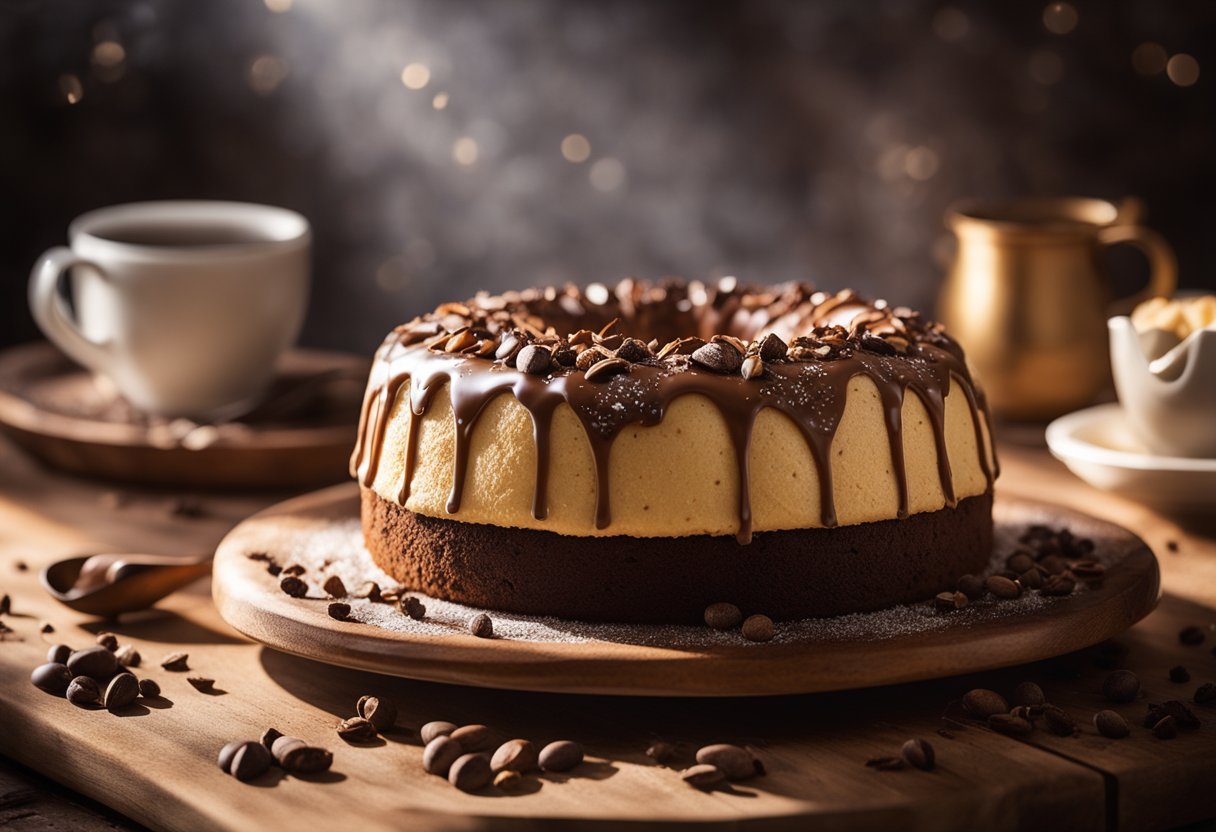 A marble cake sits on a rustic wooden table, surrounded by scattered cocoa powder and vanilla beans. Rays of sunlight filter through a nearby window, casting a warm glow on the cake's swirled pattern