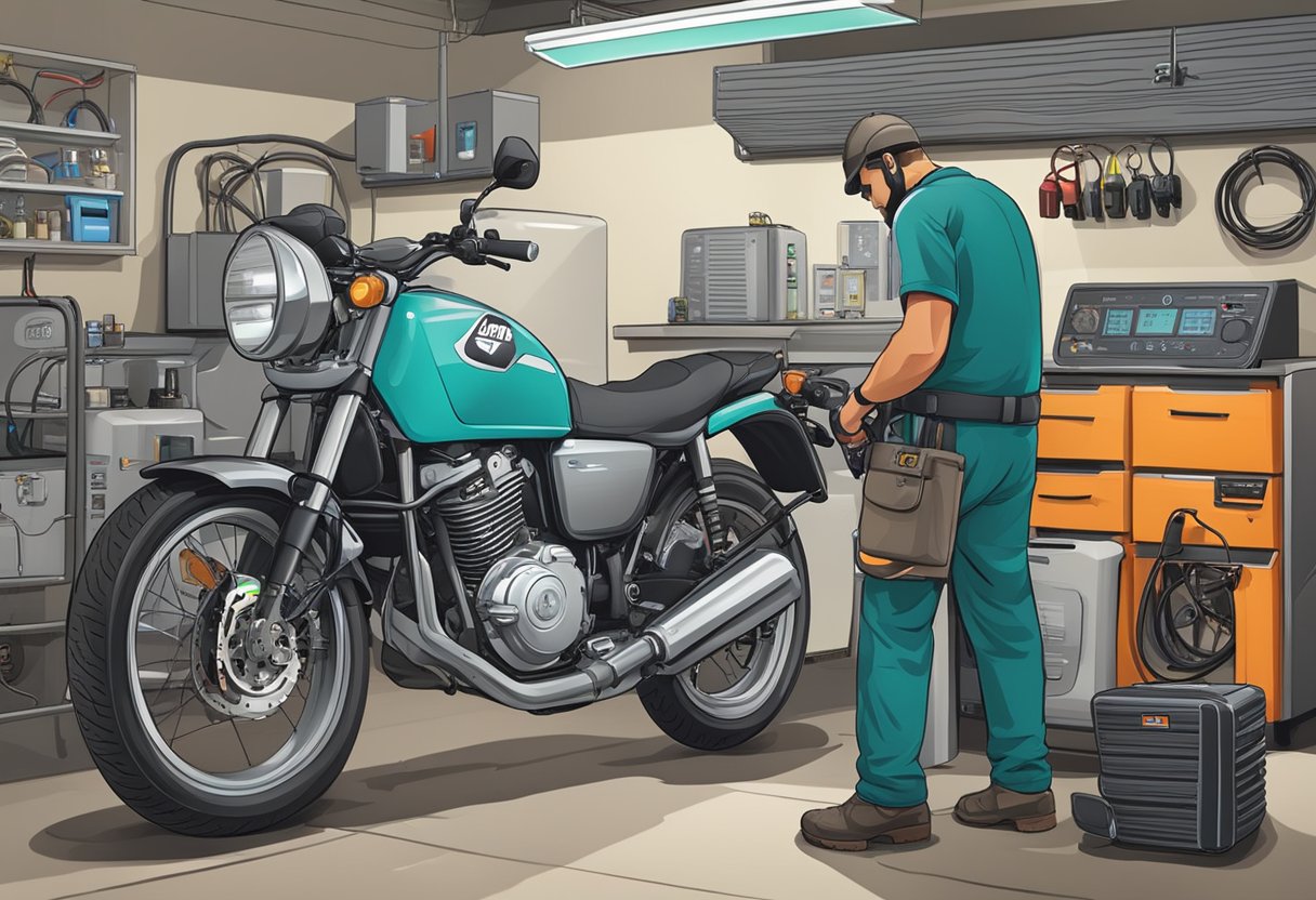 A motorcycle parked in a garage with diagnostic tools connected to the A/C refrigerant pressure sensor, while a mechanic looks at a diagnostic code display