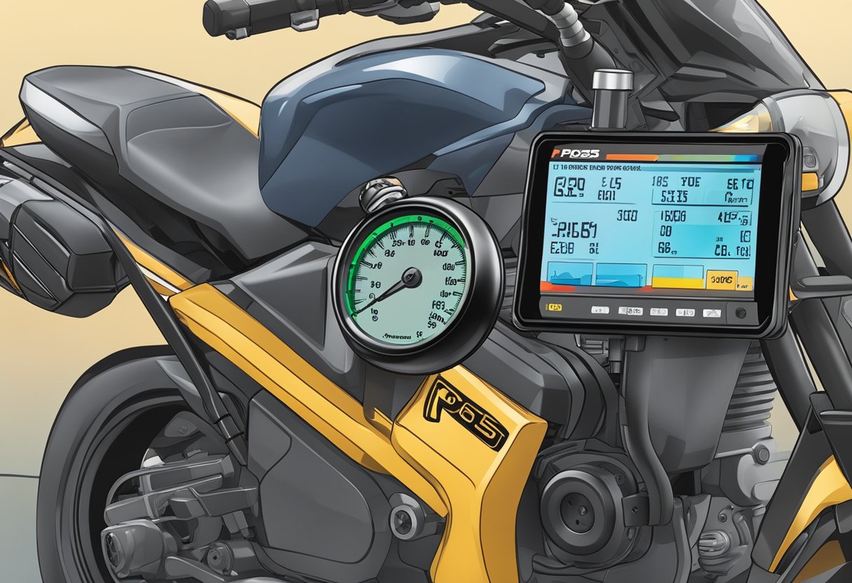 A motorcycle with a diagnostic tool connected to its A/C refrigerant pressure sensor, displaying the P0530 error code on the screen
