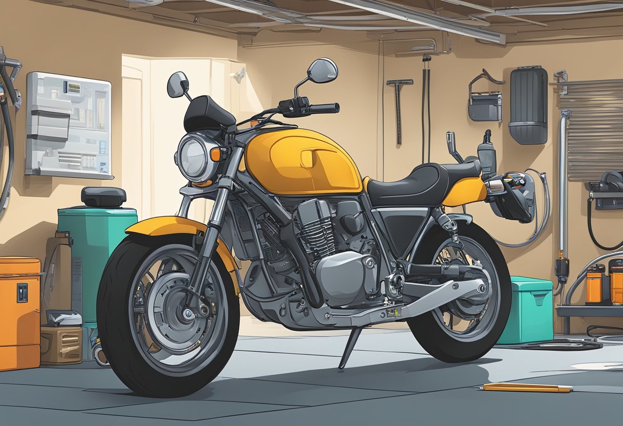 A motorcycle parked in a garage with the hood open, exposing the A/C refrigerant pressure sensor.

Tools and a repair manual are scattered nearby