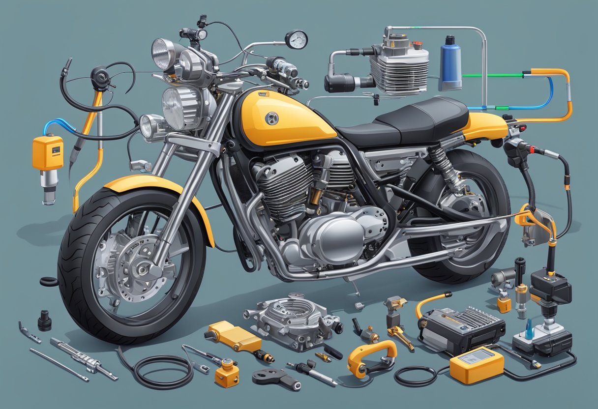 An open motorcycle engine with a visible refrigerant pressure sensor circuit, surrounded by tools and diagnostic equipment