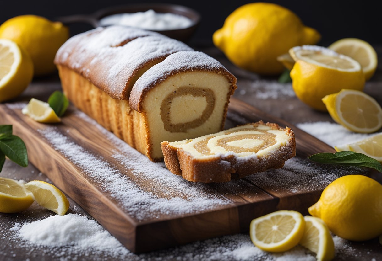 A lemon rolled log cake on a wooden platter with powdered sugar and lemon slices