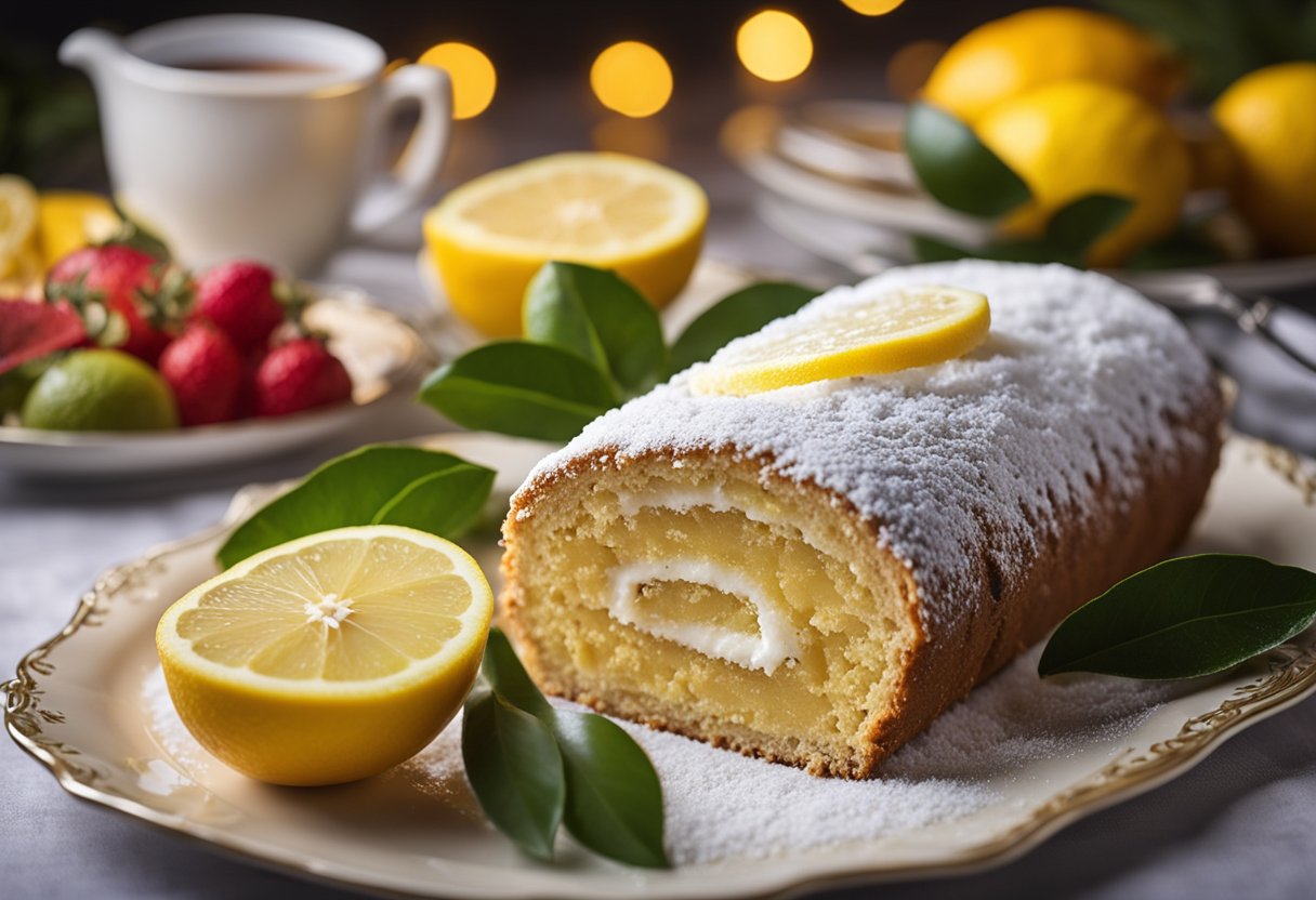A lemon rolled log cake sits on a festive platter, adorned with powdered sugar and lemon slices. The table is decorated with a festive tablecloth and a scattering of citrus fruits
