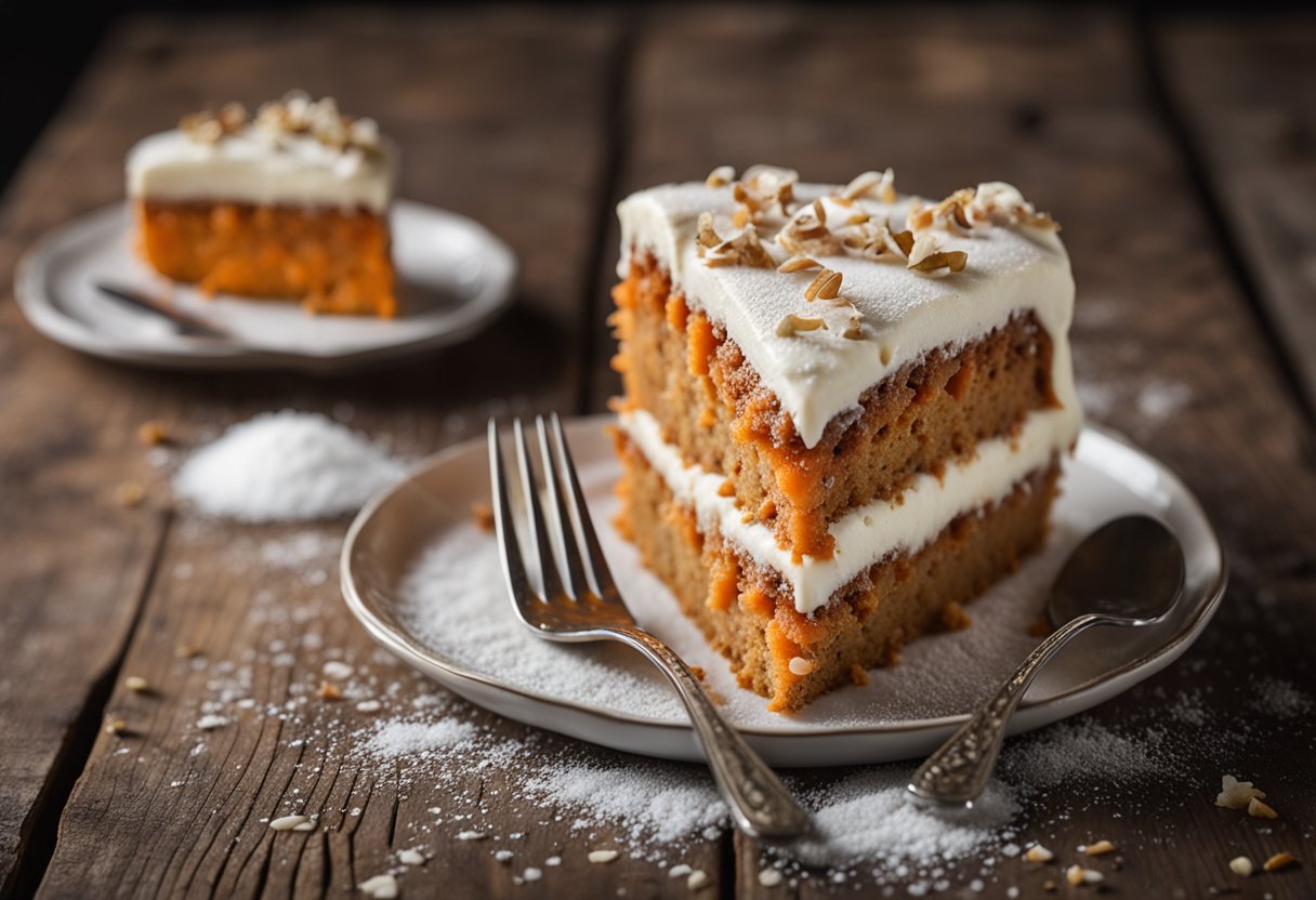 A carrot cake sits on a rustic wooden table, adorned with a sprinkling of powdered sugar and a few fresh carrot shavings