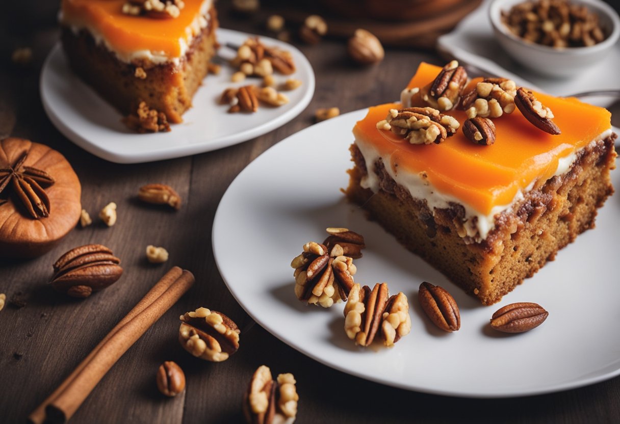 A table set with a freshly baked carrot cake, surrounded by vibrant orange carrots and a scattering of walnuts and cinnamon sticks