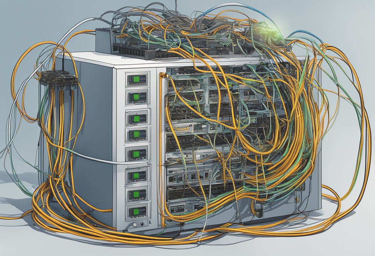 A tangled web of wires and cables, with sparks flying and smoke billowing from a central control unit labeled "Error Code P0600: Serial Communication Link Malfunction."