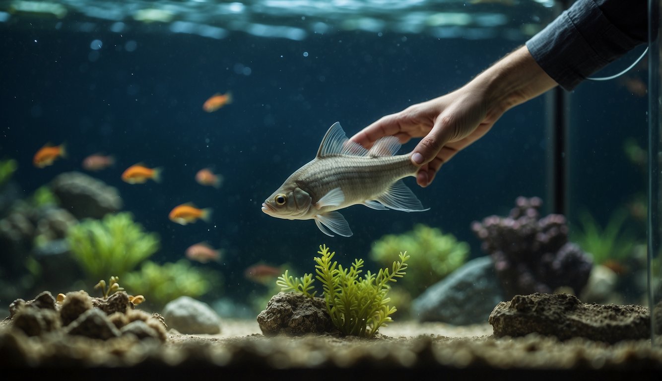 A hand reaches into a tank, pointing at a transparent glass catfish among other fish.

The catfish is barely visible, blending into its surroundings