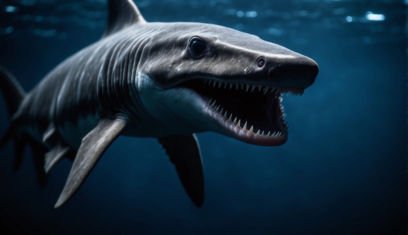A goblin shark swims in the dark, deep ocean.

Its long, protruding snout and sharp teeth are illuminated by the faint glow of bioluminescent creatures