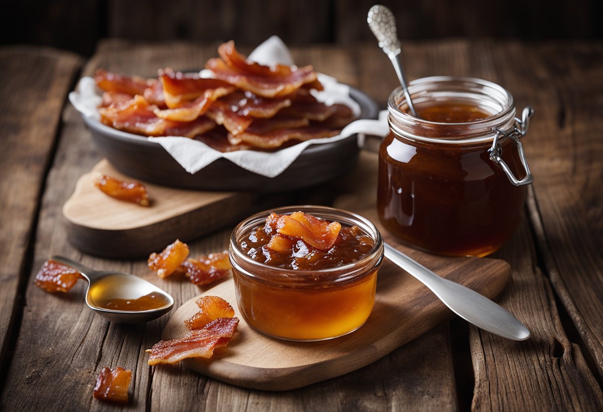 A jar of bacon and maple syrup jam on a rustic wooden table, with a spoon and a few strips of crispy bacon scattered around it