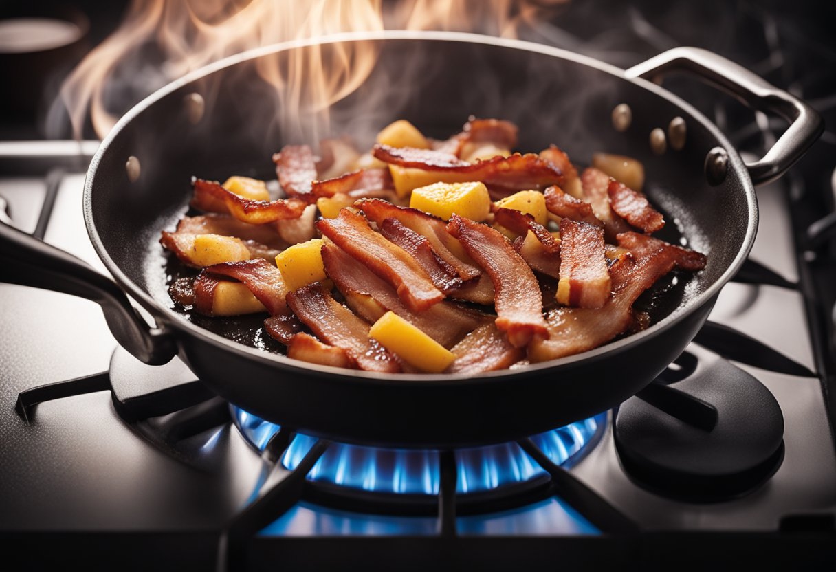 A sizzling pan with strips of bacon cooking in a sweet and smoky maple syrup, creating a mouthwatering aroma
