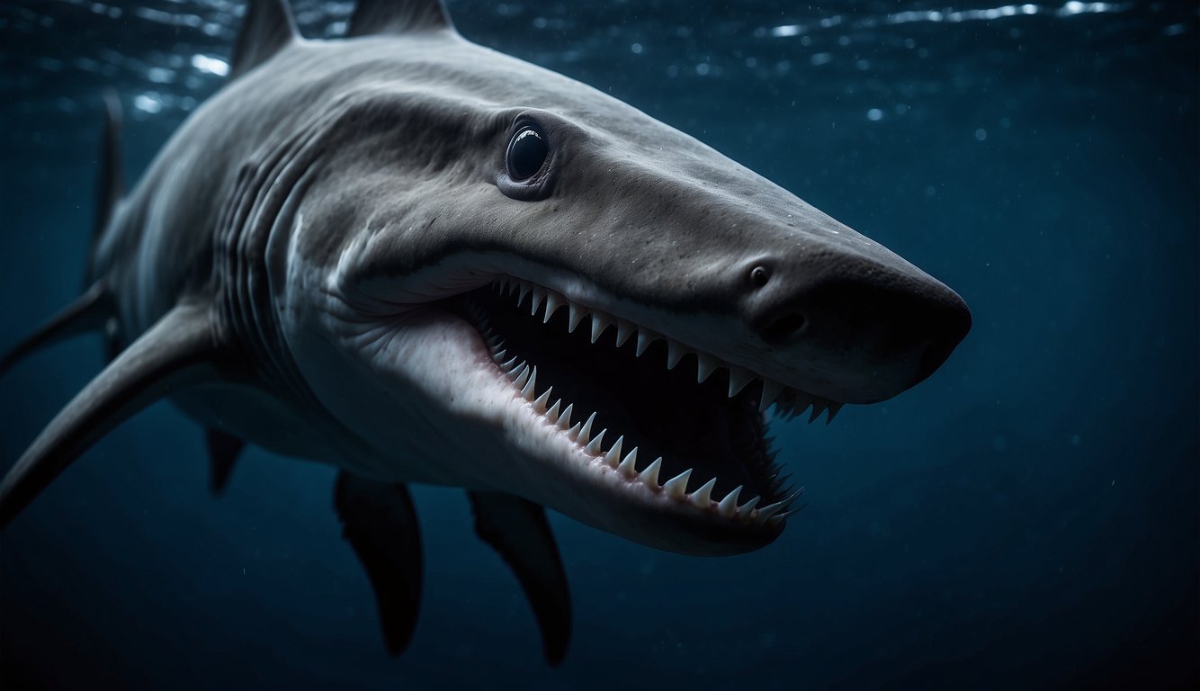 A goblin shark swims gracefully through the dark, murky depths of the ocean, its long, pointed snout and protruding jaws giving it a menacing appearance