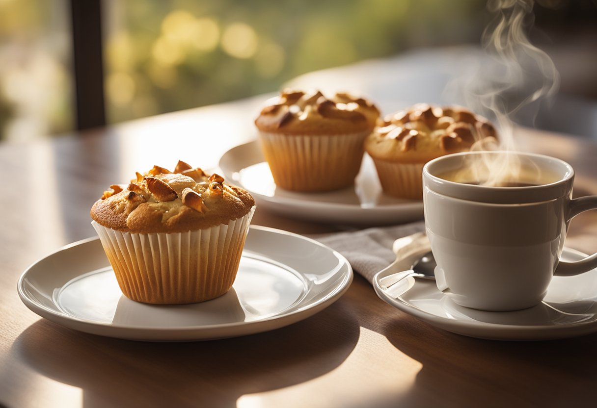A table set with a plate of maple muffins, a jar of maple syrup, and a steaming mug of coffee. Sunlight streams through a window, casting a warm glow on the scene