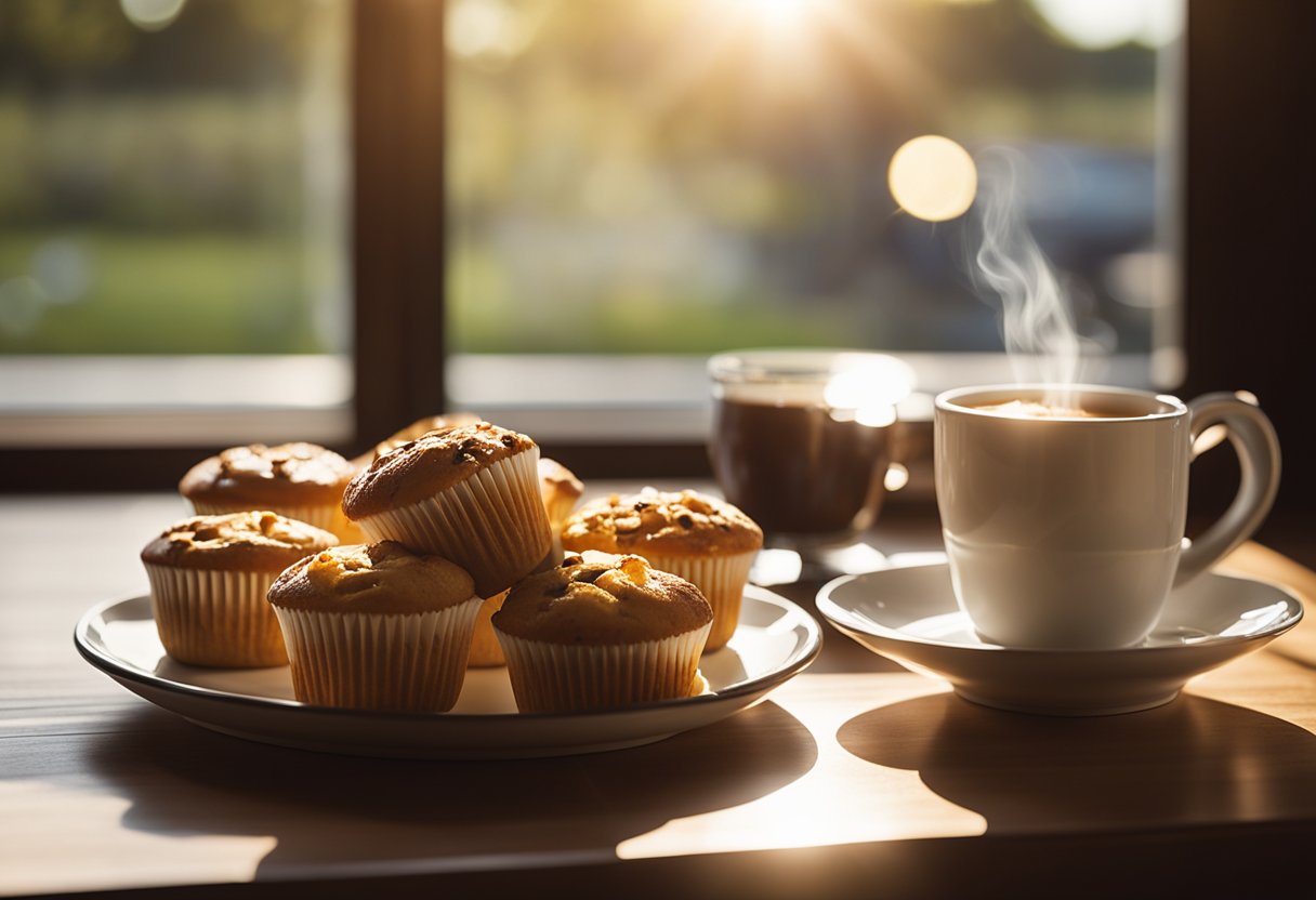 A table set with a plate of maple muffins, a jar of maple syrup, and a steaming cup of coffee. Sunlight streams through a window, casting a warm glow on the scene