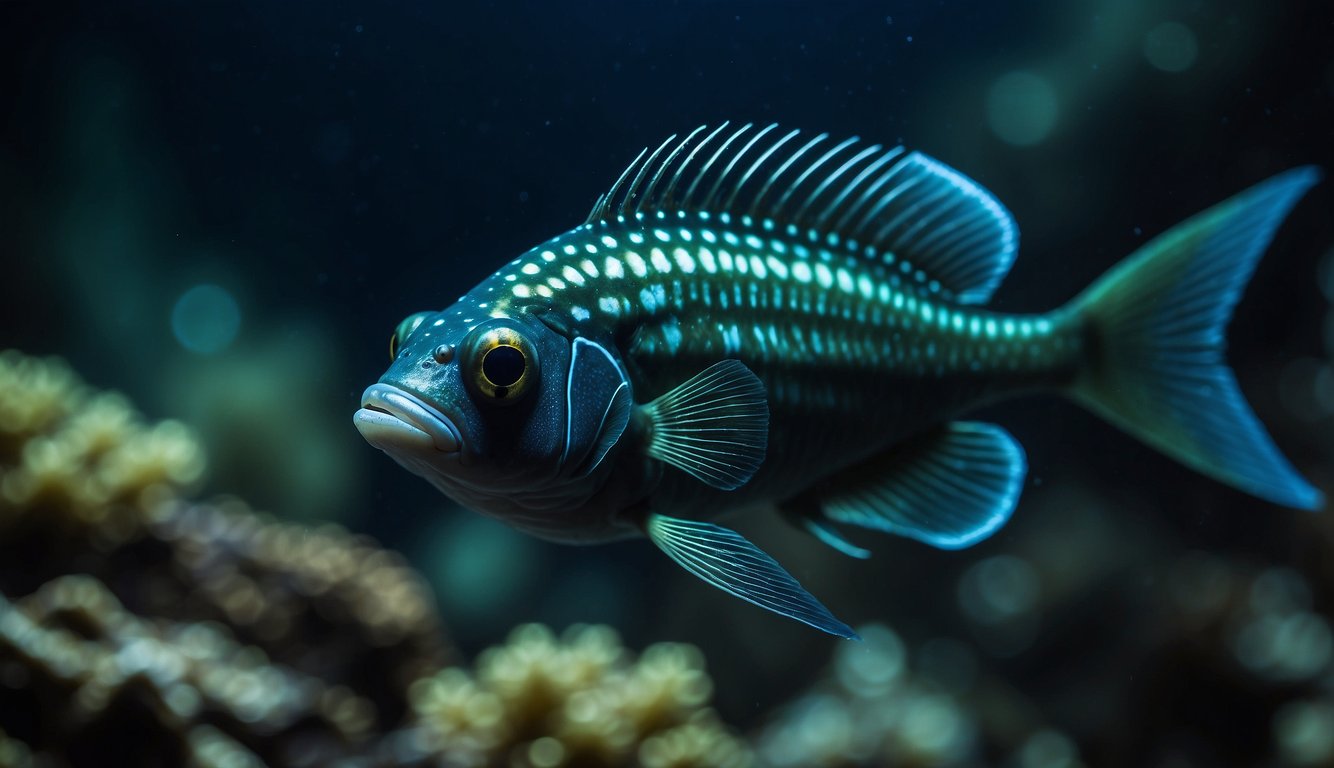 Lanternfish illuminate deep ocean.

FAQ title displayed. Dark, mysterious ambiance. Deep sea creatures. Blue and green color scheme