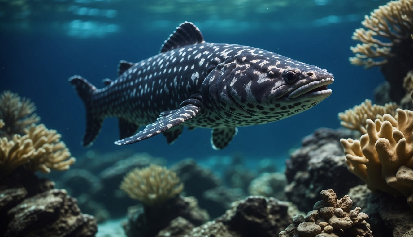 A coelacanth swims gracefully through a vibrant coral reef, its ancient features and fins on display.

The prehistoric fish moves with a sense of timeless elegance, surrounded by a variety of marine life