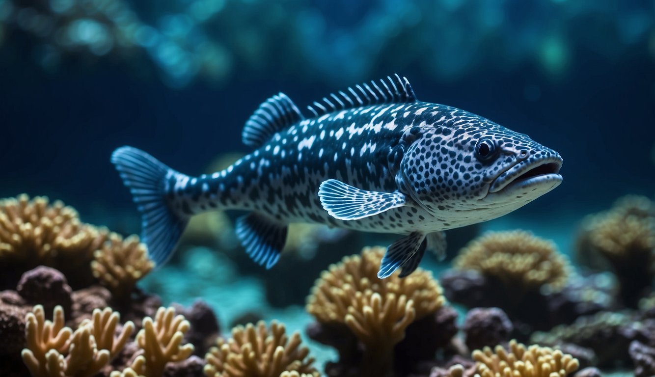 A coelacanth swims gracefully through a colorful coral reef, its unique lobed fins propelling it effortlessly through the water.

Its ancient, prehistoric appearance is juxtaposed against the vibrant modern marine life surrounding it