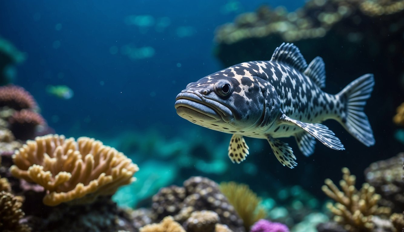 A coelacanth swims through a colorful coral reef, surrounded by other prehistoric marine life.

A team of scientists observes and documents the ancient fish in its natural habitat