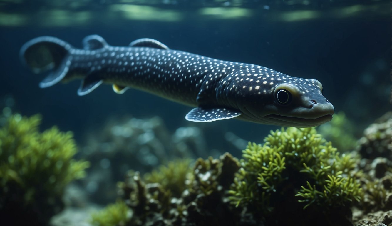 Electric eels swim gracefully among the lush underwater vegetation, their sleek bodies shimmering with a faint electric blue glow.

The water crackles with energy as they dart and twist through the tranquil depths