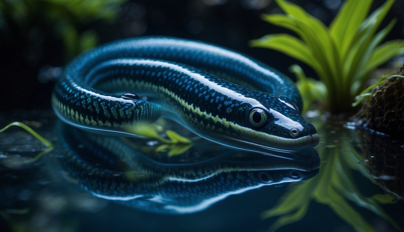 Electric eels emit vibrant blue shocks in a dark, watery environment, surrounded by swirling currents and aquatic plants