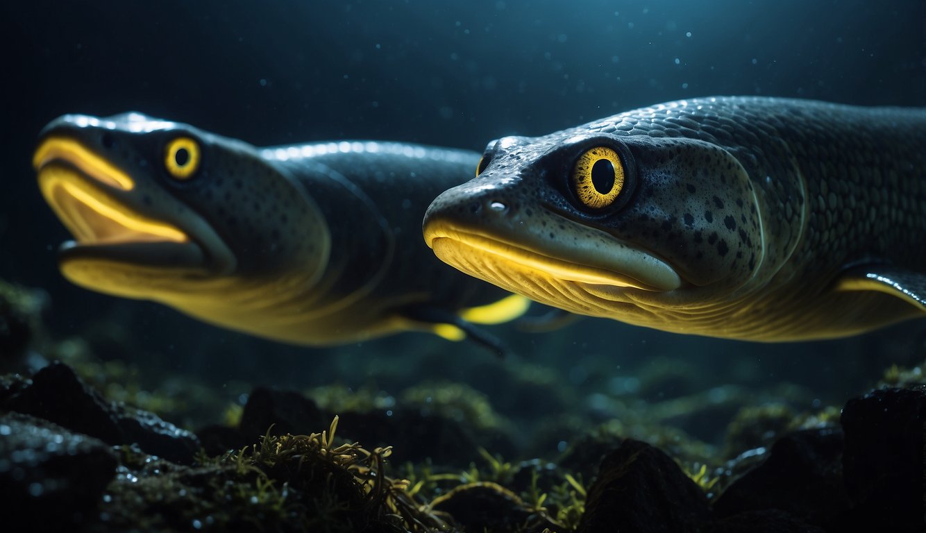 A group of electric eels swimming in a dark and murky river, surrounded by glowing sparks and crackling energy