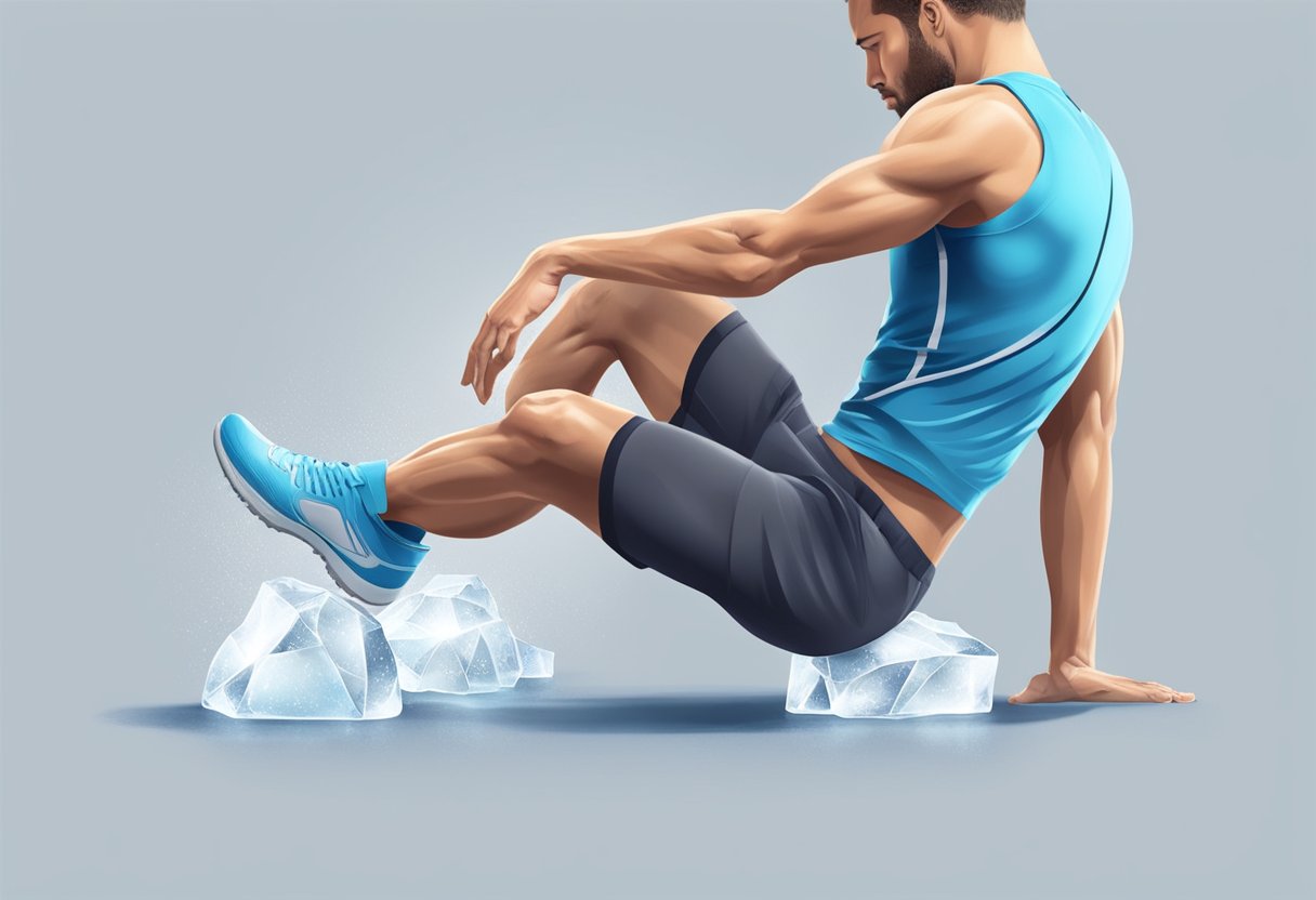 A runner massages their inner knee with ice, then elevates and rests it