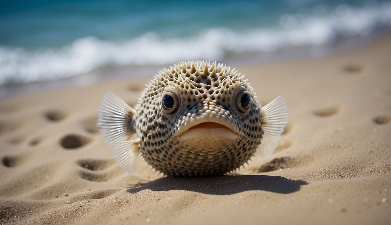 The pufferfish delicately creates intricate sand patterns on the ocean floor, forming mesmerizing designs with its movements