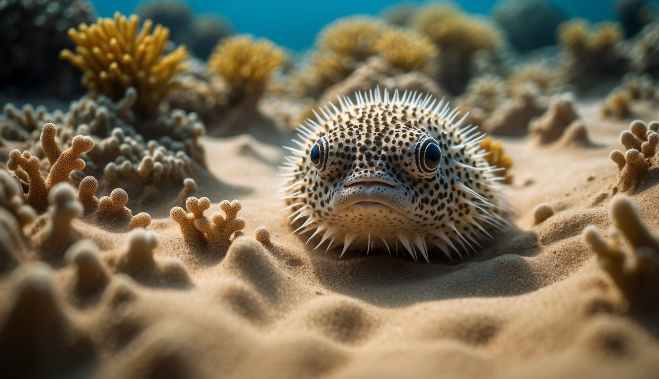 Intricate sand patterns created by pufferfish, surrounded by vibrant underwater flora and fauna