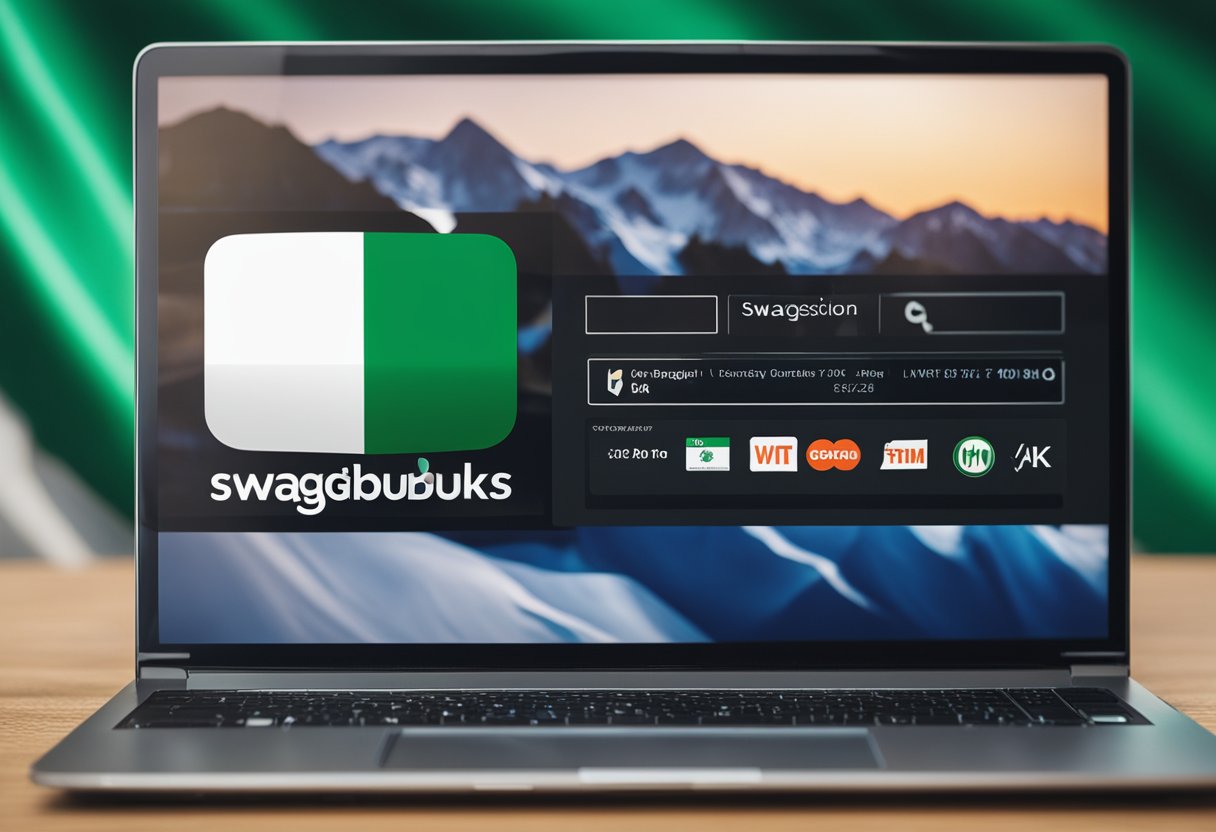 A laptop displaying the Swagbucks website with a Nigerian flag in the background