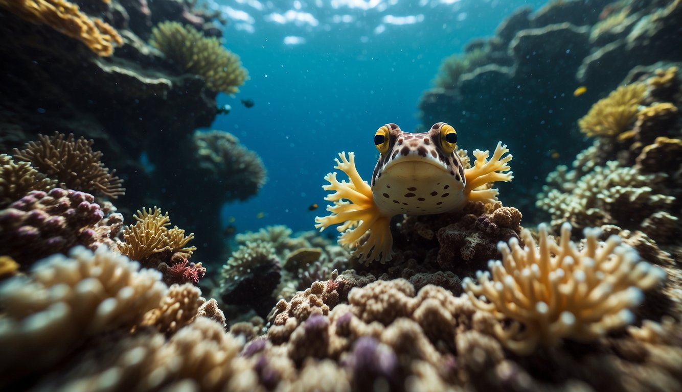 A colorful coral reef with a variety of fish swimming around.

A frogfish camouflaged among the coral, blending in perfectly with its surroundings