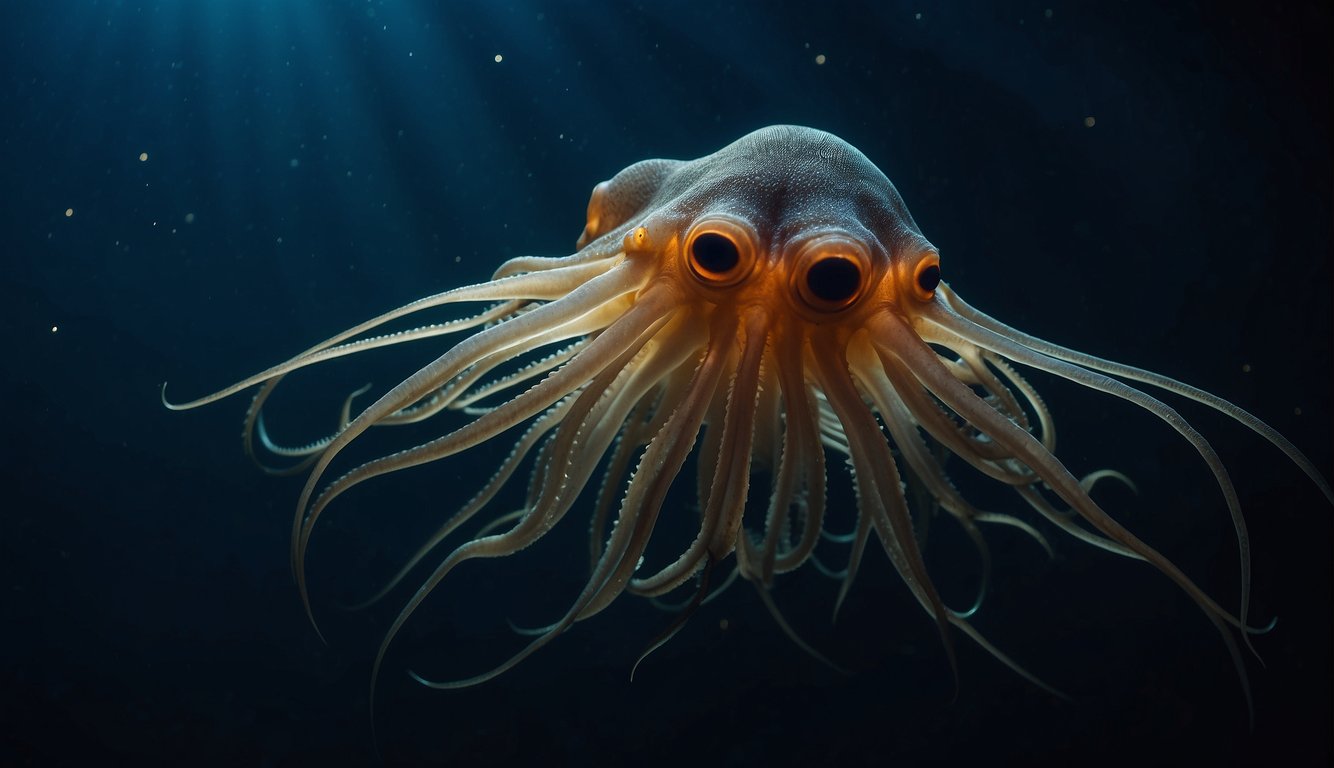 A vampire squid glides through dark waters, its bioluminescent spots glowing.

Long, flowing filaments trail from its webbed arms as it drifts gracefully