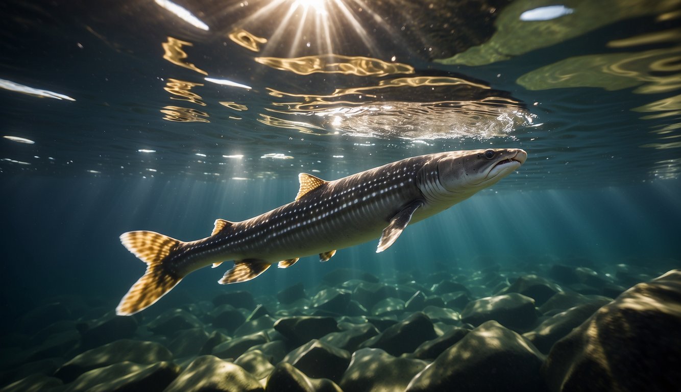 A group of sturgeon swim gracefully in a clear, deep river, their armored bodies shimmering in the sunlight as they glide through the water
