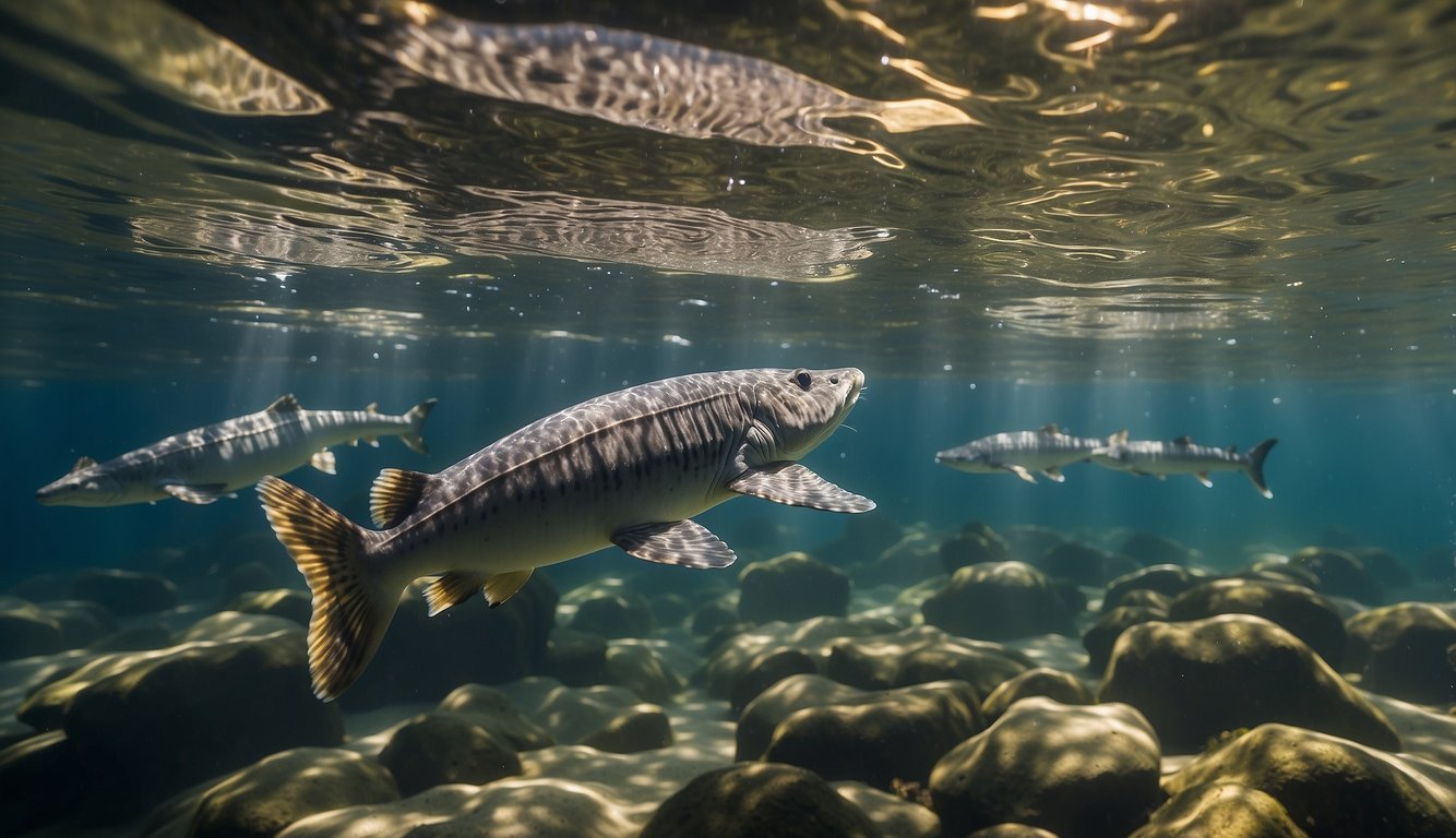 A group of sturgeon swim gracefully in a clear, deep river, their large, scale-covered bodies glinting in the sunlight.

Their distinctive long snouts and barbels are visible as they navigate the water with ease
